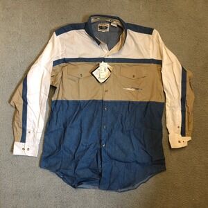 Cumberland Outfitters Mens XL Colorblock Western Denim Shirt Khaki White Blue NW